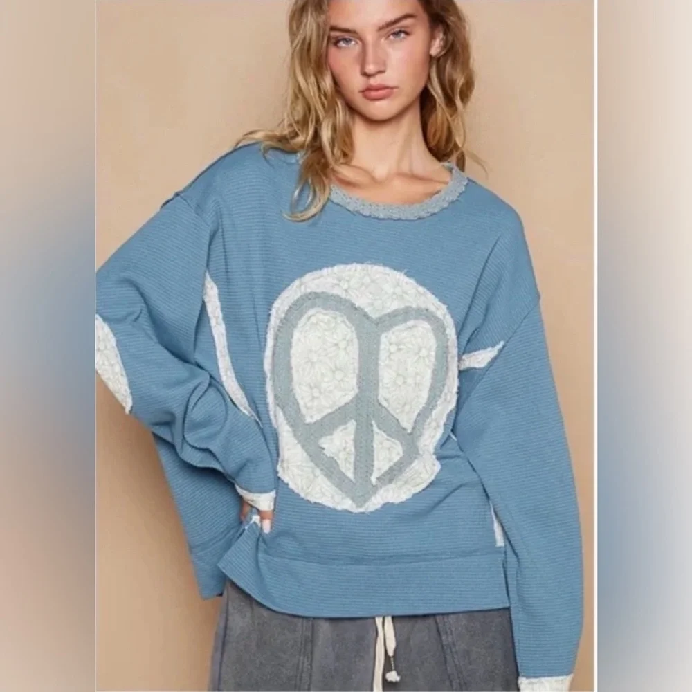 NEW! POL Thermal Knit Top with Heart Peace Sign
Patch on Front in Sz. Large - Picture 2 of 15